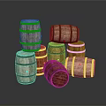Vintage Rustic Wooden Barrels Stacked And Arranged On Dark Background
