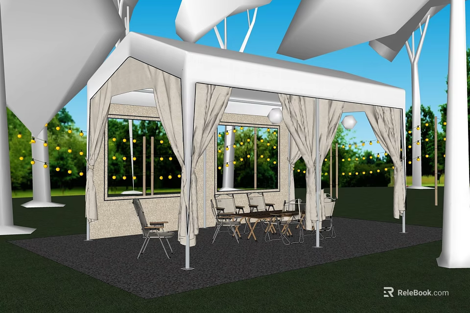 Outdoor White Tent With Curtains Lawn Trees String Lights And Tables Chairs 3d model 