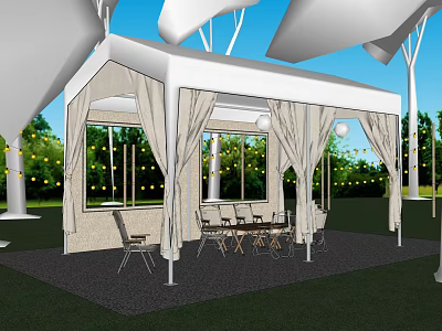 Outdoor White Tent With Curtains Lawn Trees String Lights And Tables Chairs 3d model