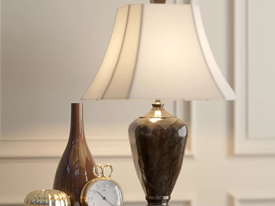 Elegant Table Lamp With Dark Marble Base White Fabric Shade And Brown Vase Gold Decor 3d model