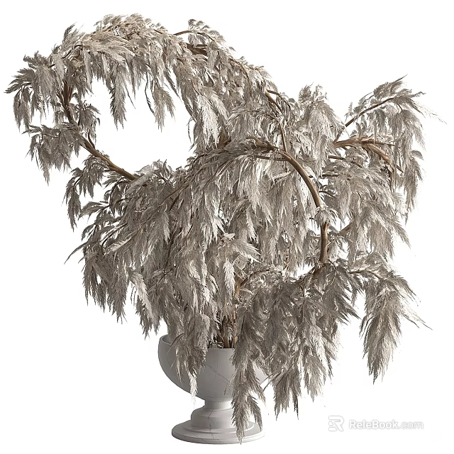 White Ceramic Vase With Silver Gray Feathery Plant And Long Drooping Leaves For Interior Decoration 3d model 