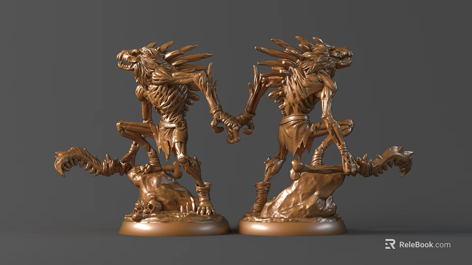Bronze Wolf Headed Humanoid Sculptures With Dynamic Poses Intricate Details And Base For Fantasy Collection 3d model 