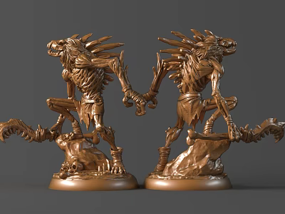 Bronze Wolf Headed Humanoid Sculptures With Dynamic Poses Intricate Details And Base For Fantasy Collection 3d model