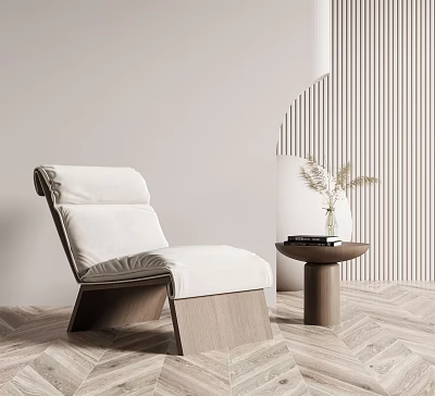Modern White Upholstered Lounge Chair With Wooden Side Table And Vase On Herringbone Floor 3d model