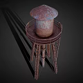 Rusty Metal Water Tower with Tripod Support Structure and Roofed Top Railing Design 3d model