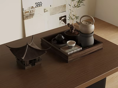 Traditional Tea Setup With Wooden Tray Teapot Mini Pavilion And Wall Art On Wooden Tabletop 3d model