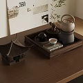 Traditional Tea Setup With Wooden Tray Teapot Mini Pavilion And Wall Art On Wooden Tabletop