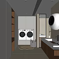 Modern Laundry Room Interior With Washing Machines Wooden Shelves And Laundry Basket