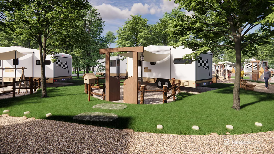 Scenic RV Guesthouse Architecture with Green Trees Grass Lawn and Wooden Entrance Outdoor Seating 3d model 