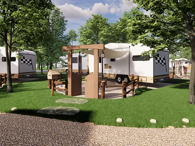 Scenic RV Guesthouse Architecture with Green Trees Grass Lawn and Wooden Entrance Outdoor Seating 3d model