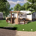 Scenic RV Guesthouse Architecture with Green Trees Grass Lawn and Wooden Entrance Outdoor Seating