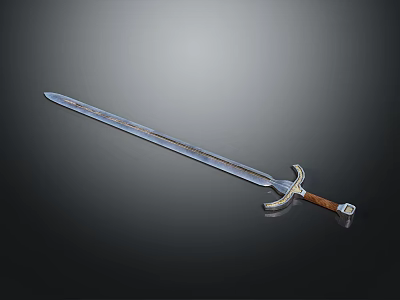 Medieval Long Sword with Textured Blade Brown Handle and Metal Hilt 3d model