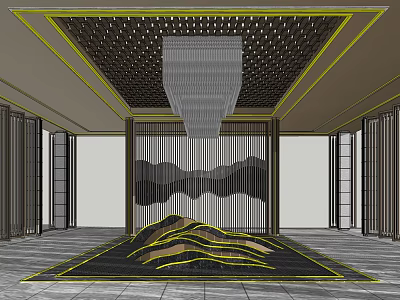 Modern Store Front Desk Area With Lattice Ceiling Chandelier And Mountain Pattern Screen 3d model