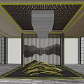 Modern Store Front Desk Area With Lattice Ceiling Chandelier And Mountain Pattern Screen 3d model