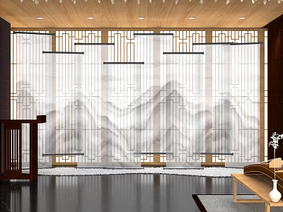 Traditional Chinese Banquet Hall Interior Design With Mountain Landscape Screen And Wooden Decor 3d model