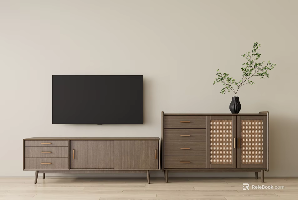Modern Wooden TV Stand With Drawers Rattan Doors And Wall Mounted Black TV 3d model 