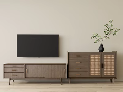 Modern Wooden TV Stand With Drawers Rattan Doors And Wall Mounted Black TV 3d model