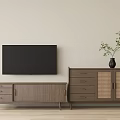 Modern Wooden TV Stand With Drawers Rattan Doors And Wall Mounted Black TV