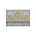Moroccan Style Decorative Wall Arches with Blue Beige Tiles Geometric Patterns and Gold Accents Design