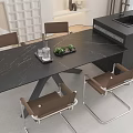 Modern Black Marble Dining Table Set With Four Brown Chairs And Black Cabinet With Sink