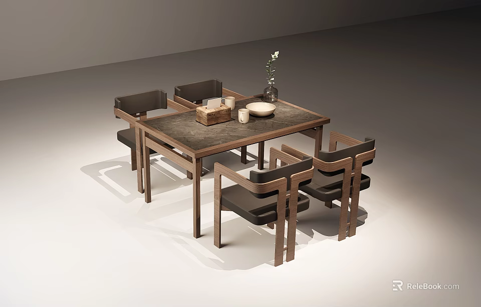 Modern Wooden Dining Table And Four Chairs Set With Vase Bowls And Box 3d model 