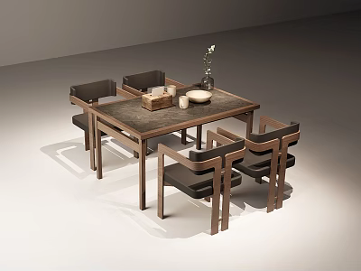 Modern Wooden Dining Table And Four Chairs Set With Vase Bowls And Box 3d model