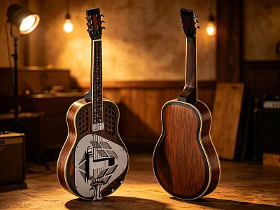 Vintage Wooden Acoustic Guitars And Art Supplies In Studio Lighting 3d model