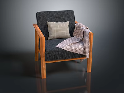 Gray Fabric Upholstered Chair With Wooden Frame Plaid Pillow And Blanket 3d model