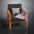 Gray Fabric Upholstered Chair With Wooden Frame Plaid Pillow And Blanket