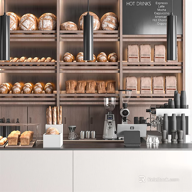 Bakery Reception Counter With Fresh Bread Coffee Beans And Espresso Machine 3d model 