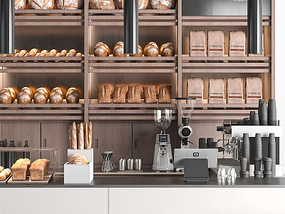 Bakery Reception Counter With Fresh Bread Coffee Beans And Espresso Machine 3d model