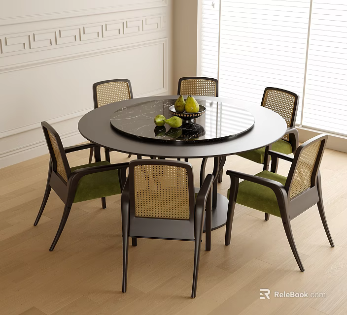 Modern Round Dining Table With Black Tabletop And Six Rattan Backrest Green Cushioned Chairs 3d model 