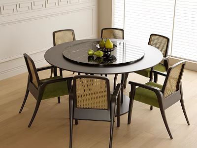 Modern Round Dining Table With Black Tabletop And Six Rattan Backrest Green Cushioned Chairs 3d model