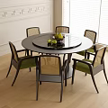 Modern Round Dining Table With Black Tabletop And Six Rattan Backrest Green Cushioned Chairs