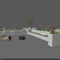 Outdoor Plant Combination With White Planters Various Plants Small Tree Chair And Fire Pit