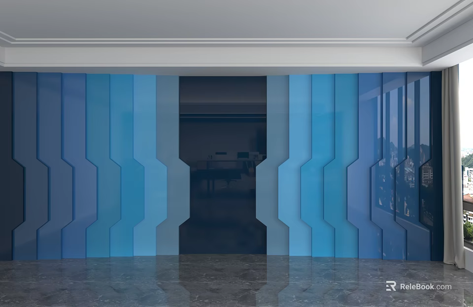 Modern Blue Geometric Feature Wall With Structured Panels And Central Opening 3d model 