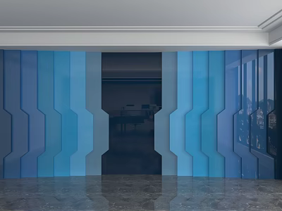 Modern Blue Geometric Feature Wall With Structured Panels And Central Opening 3d model