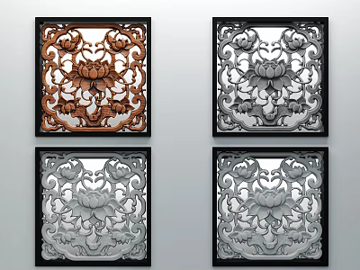 Carved Lattice Windows with Square Frame Lotus Pattern in Brown Silver Tones 3d model