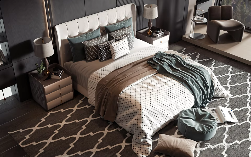 Modern Double Bed with Upholstered Headboard Plush Pillows Nightstands Table Lamps and Patterned Rug 3d model 