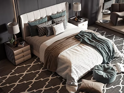 Modern Double Bed with Upholstered Headboard Plush Pillows Nightstands Table Lamps and Patterned Rug 3d model
