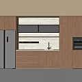 Wooden Wine Cabinet In Modern Kitchen With Silver Refrigerator And Built in Appliances