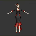 Woman In Black And Red Dress With Red Decorations And Red Shoes On Gray Background