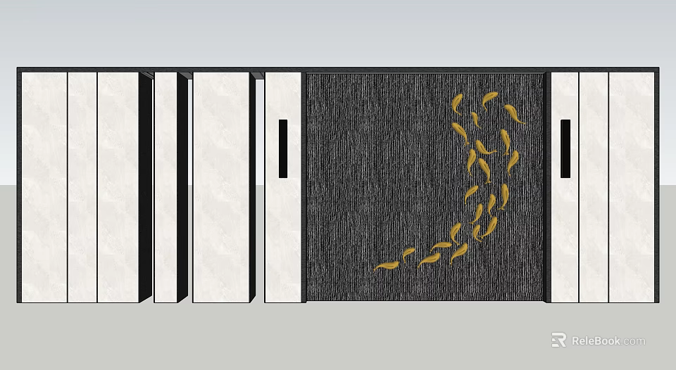 Modern Wall Design With Gray Panel White Accent And Golden Fish Pattern 3d model 