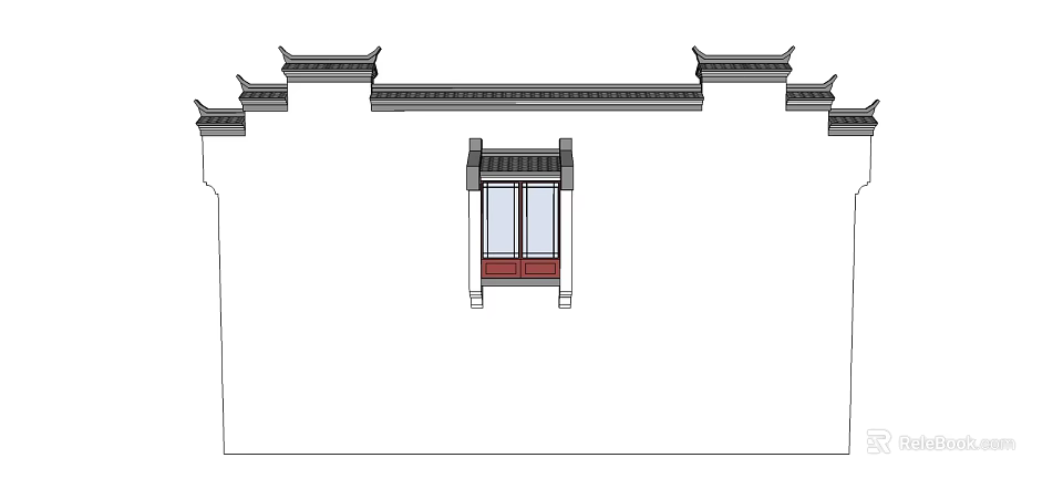 Traditional Chinese Building Exterior Wall with Classic Eaves and Red Wooden Door Design 3d model 