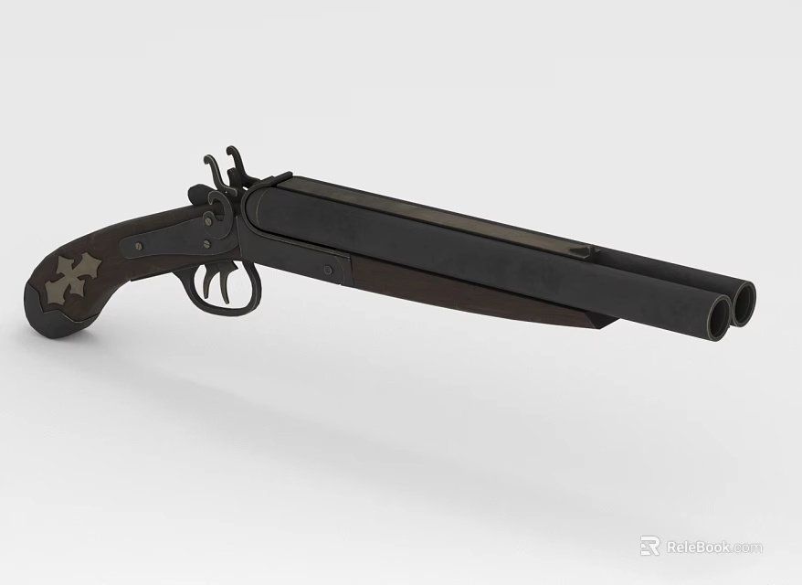 Antique Flintlock Pistol With Wooden Grip Metal Barrel And Cross Decoration 3d model 