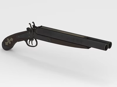 Antique Flintlock Pistol With Wooden Grip Metal Barrel And Cross Decoration 3d model