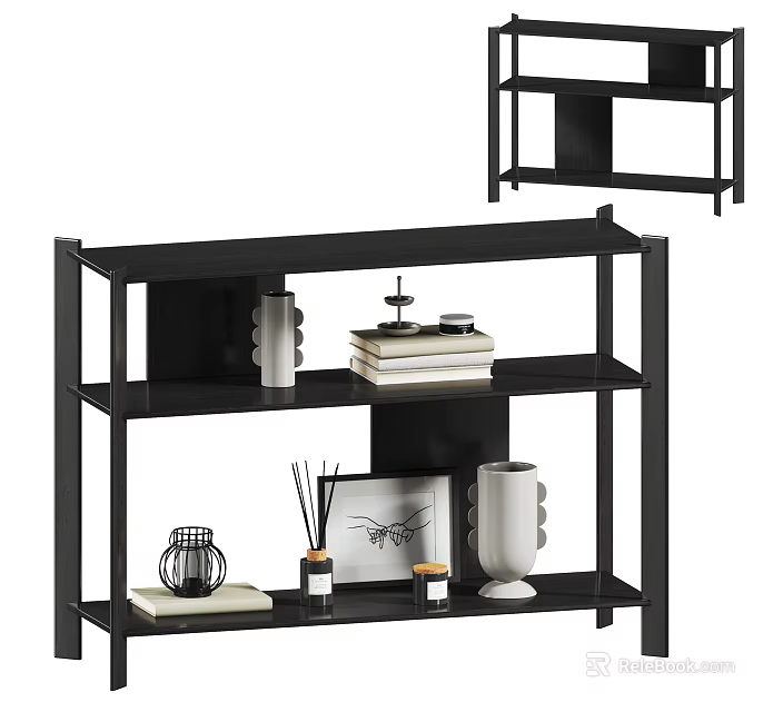 Multi Tiered Black Storage Shelf with Decorative Vases Books and Picture Frame 3d model 