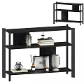 Multi Tiered Black Storage Shelf with Decorative Vases Books and Picture Frame