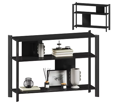 Multi Tiered Black Storage Shelf with Decorative Vases Books and Picture Frame 3d model