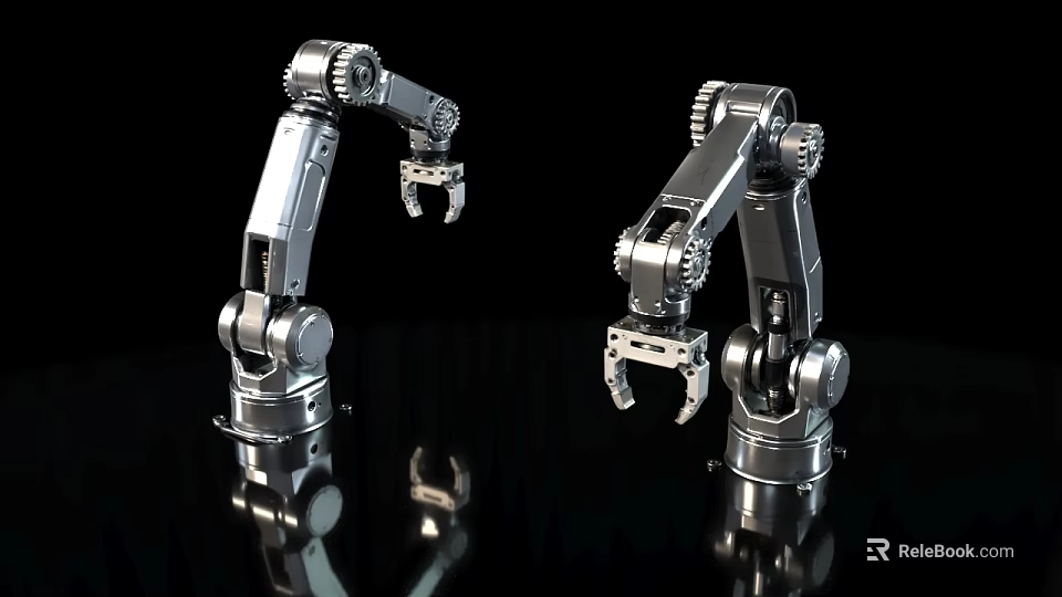 Hardware Tools Silver Mechanical Arms With Metal Clamps On Black Reflective Surface 3d model 